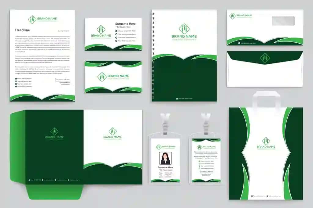Kantselyariya buyumlari dizayni shabloni yashil rang | Stationery design template green color