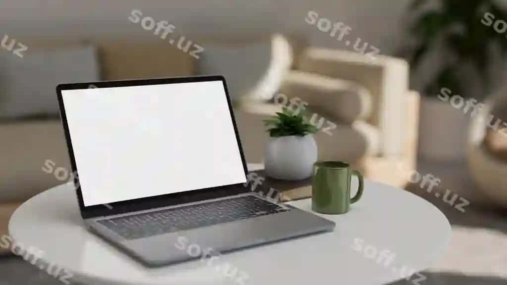 Portativ notebook noutbuk maketi kofe stoli zamonaviy qulay yashash xonasi | Portable notebook laptop mockup coffee table modern comfortable living room