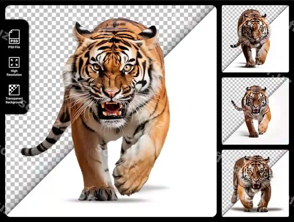 Psd komplekti buzmachi ajraltirilgan shaffof fonda | Psd set tiger isolated transparent background 2