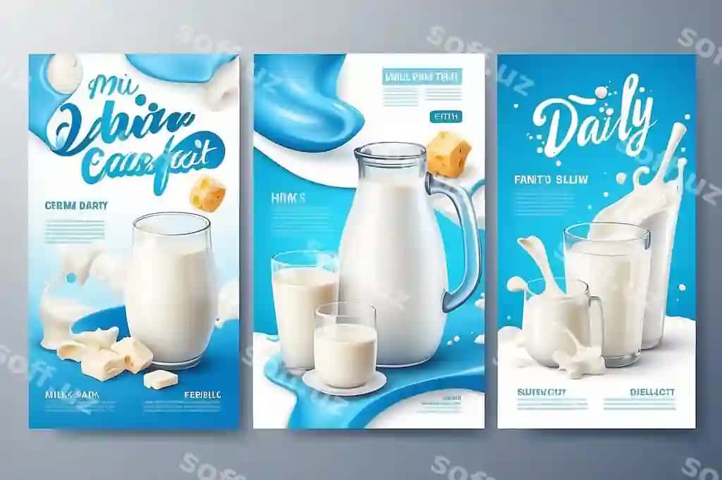 Sut va sut mahsulotlari e'lonlari plakati munosib vektor shabloni | Dairy poster milk products ads placard decent vector template