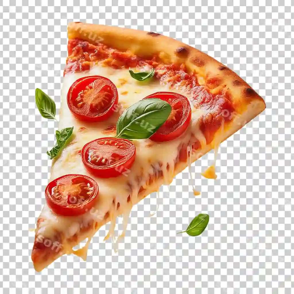 Uchuvchi mamnoa pitsa donasi tarkabiyotlari bilan shaffof fonda | Flying delicious pizza slice with ingredients transparent background