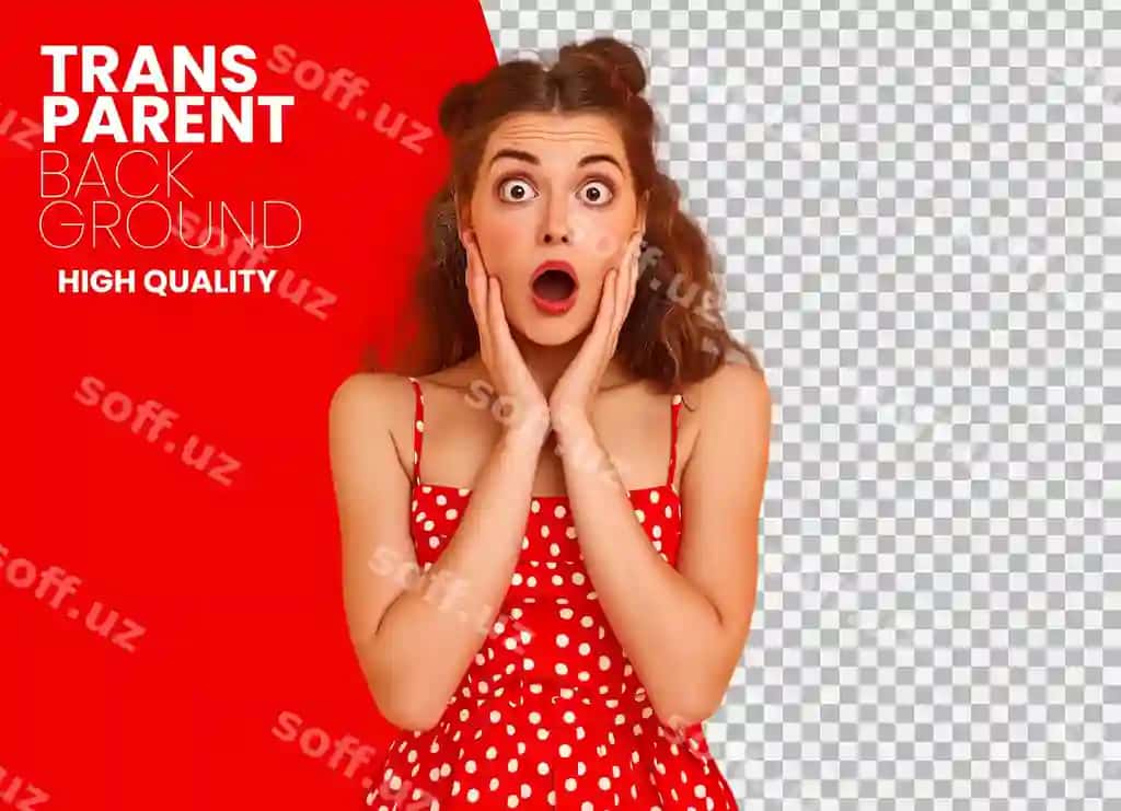 Qizil libos kiygan yoqimli yosh ayol png fonida hayratda | Cute young woman wearing red dress looking surprised with png background