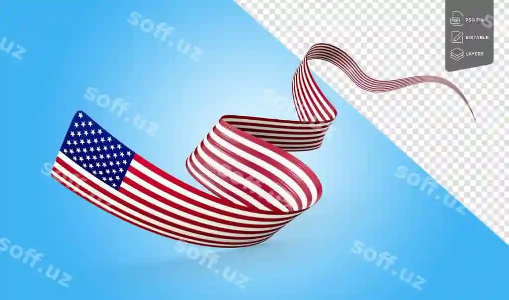 3D aylanayotgan lentli ko'k fonli Amerika Qo'shma Shtatlari bayrog'i | Flag united states america waving ribbon flag blue background 3d