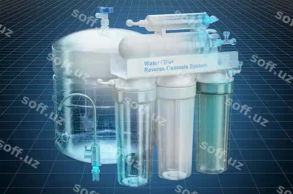 Vizualizatsiya 3D CAD modeli aksia osmozasi tizimi chizmasi 3D render | Visualization 3d cad model reverse osmosis system blueprint 3d rendering