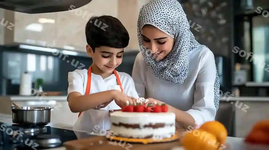 Ayol va o'g'il tortni kesyapdi. | There is woman boy that are cutting cake