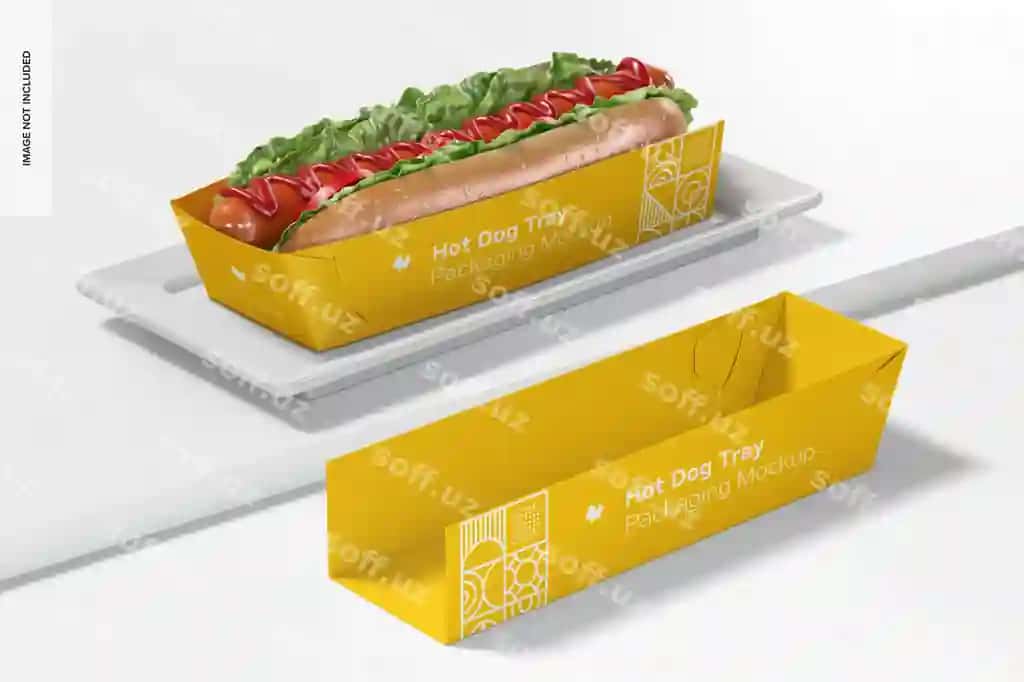 Hot-dog laganda qadoqlash maketi istiqboli | Hot dog tray packaging mockup perspective
