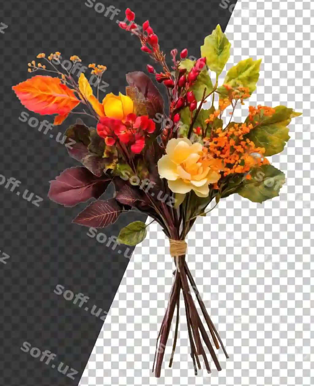Sun'iy gullar bilan kesilgan rangli kuzgi guldasta png | Colorful autumn bouquet with artificial flowers cut out stock png