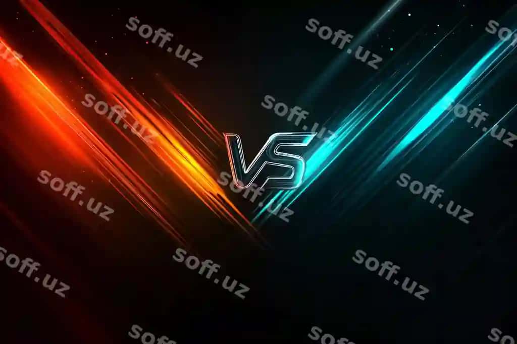 Vs tushunchasi apelsin ko'k yorqin chiziqlar bilan musobaqa solishtirishni belgilaydi | Vs concept with orange blue light streaks symbolizing competition comparison