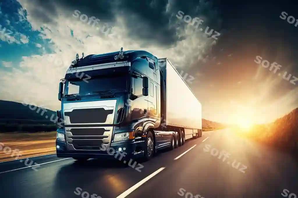 Yuk avtomobili avtomagistral bo'yi harakatlanmoqda kecha generativ sun'iy intellekt | Semi truck driving down highway sunset generative ai