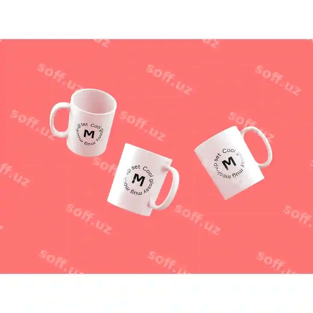 Uch choy qoshiq pushti orqa fonda namuna | Three mugs pink background mock up