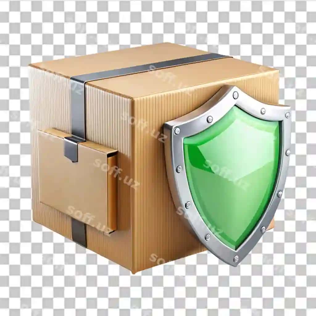 Izolyatsiya qilingan shaffof fonda xavfsizlik qalqoni belgisi bo'lgan posilka qutisi | Parcel box with security shield icon isolated transparent background