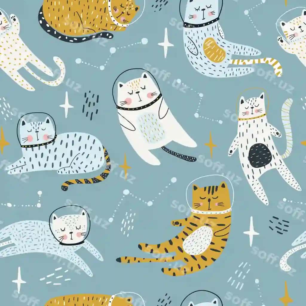 Mushuk kosmonavtlari bilan bolalarcha choksiz naqsh, zamonaviy va rang-barang | Seamless childish pattern with cat astronauts space trendy colorful