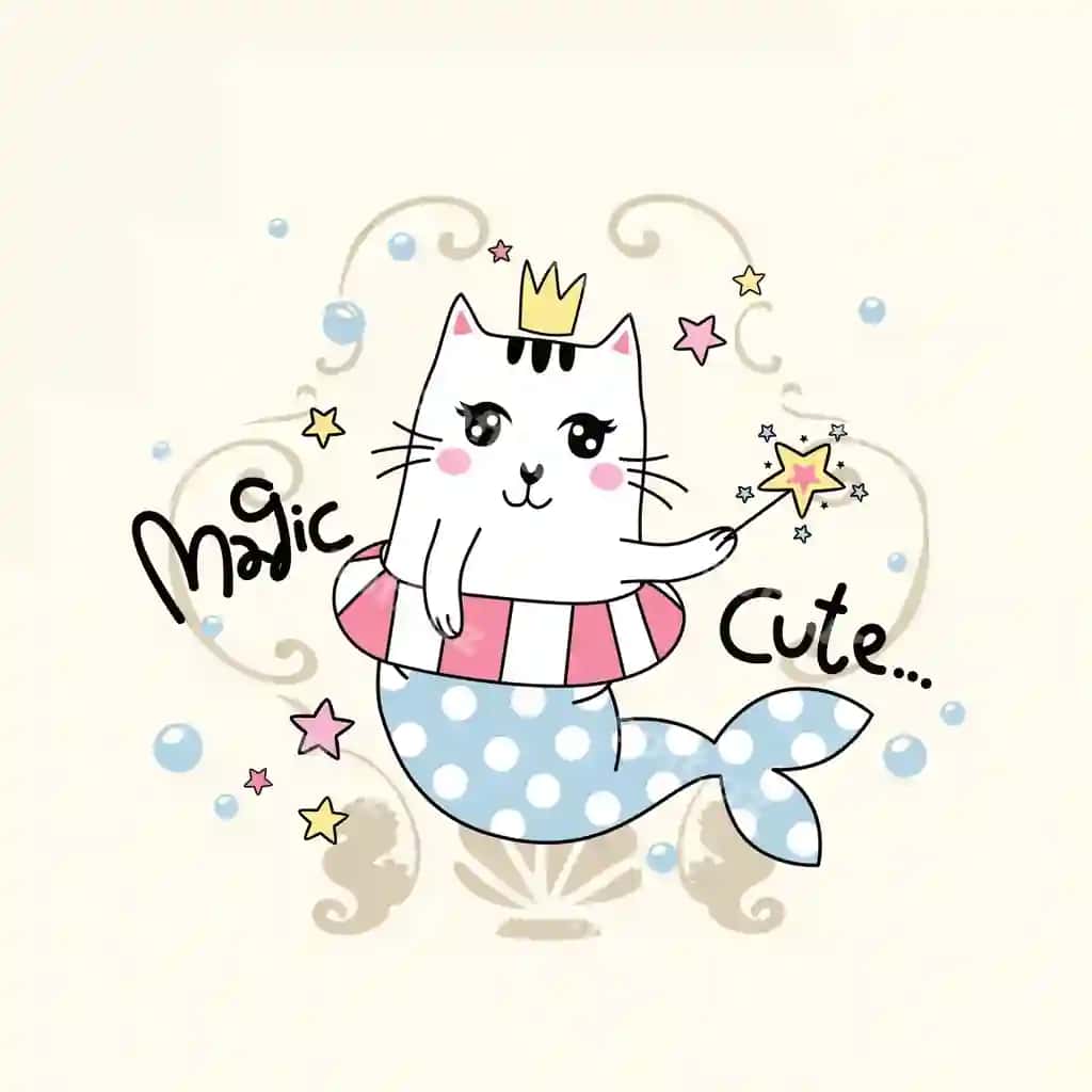 Yoqimcha sehrli mushuk mermaid vektor illustratsiyasi | Cute magic cat mermaid vector illustration