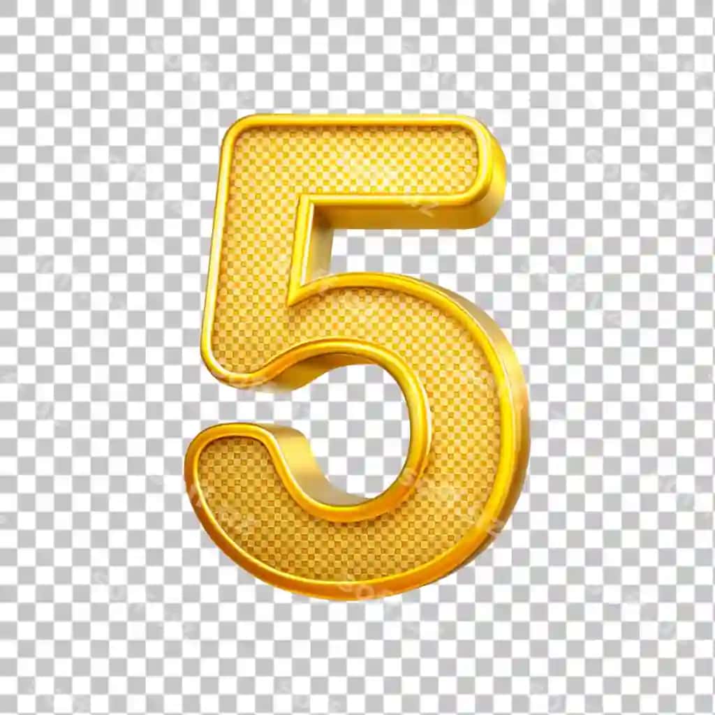 Oltin 5-raqam shaffof fonda 3D render illustratsiyasi | Golden number 5 transparent background 3d rendering illustration