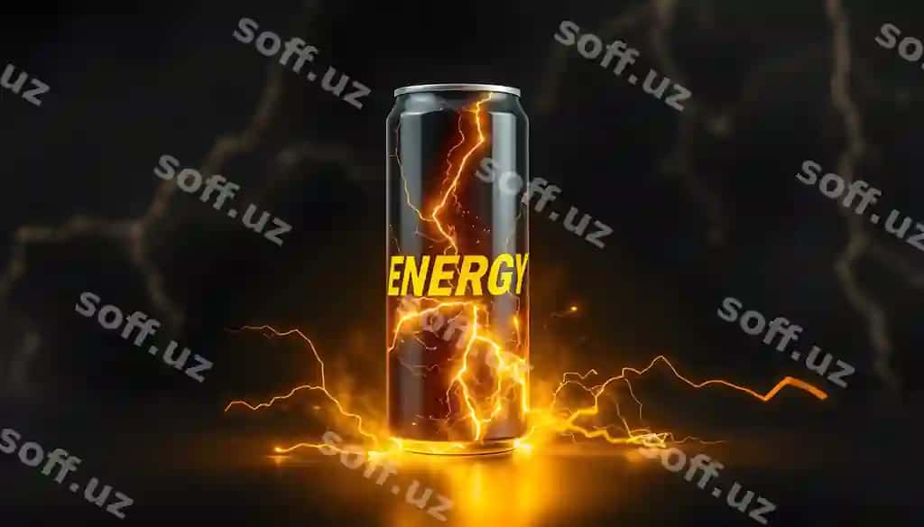 Qora energiya ichimligi bankasi elektrik sarq oltin energiya chirq orqa fonda ajraltirilgan | Black energy drink can with electric yellow golden energy lightning background isolated with