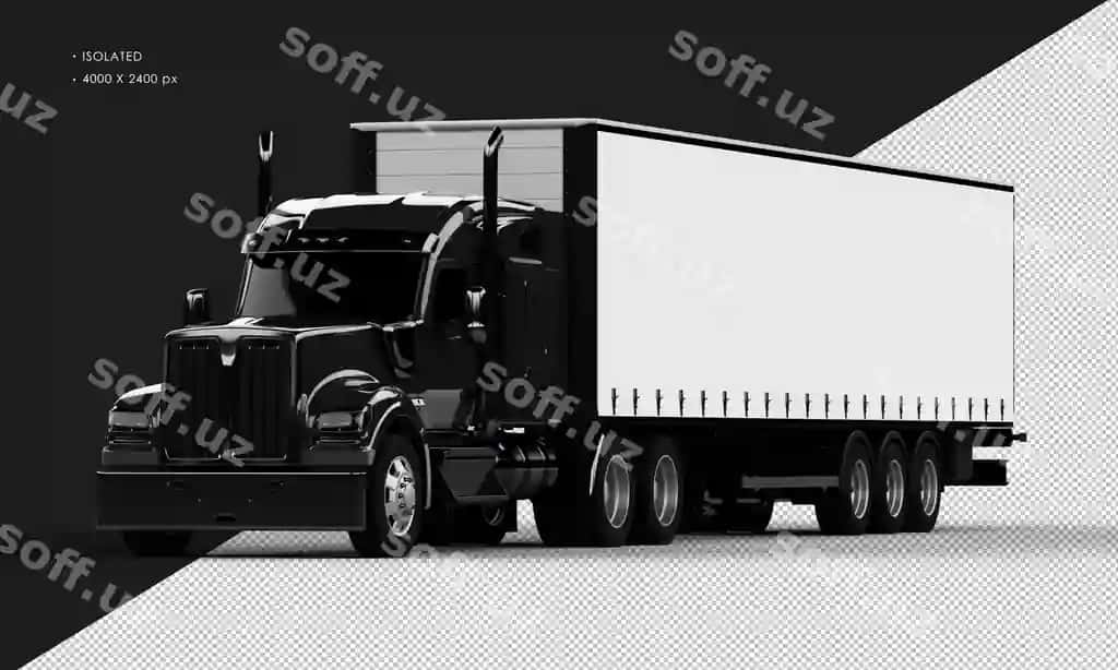 Chap tomondan ajraltirilgan, realistik, yorqin qora uzun yuk avtomobili | Isolated realistic shiny black long trailer truck car from left