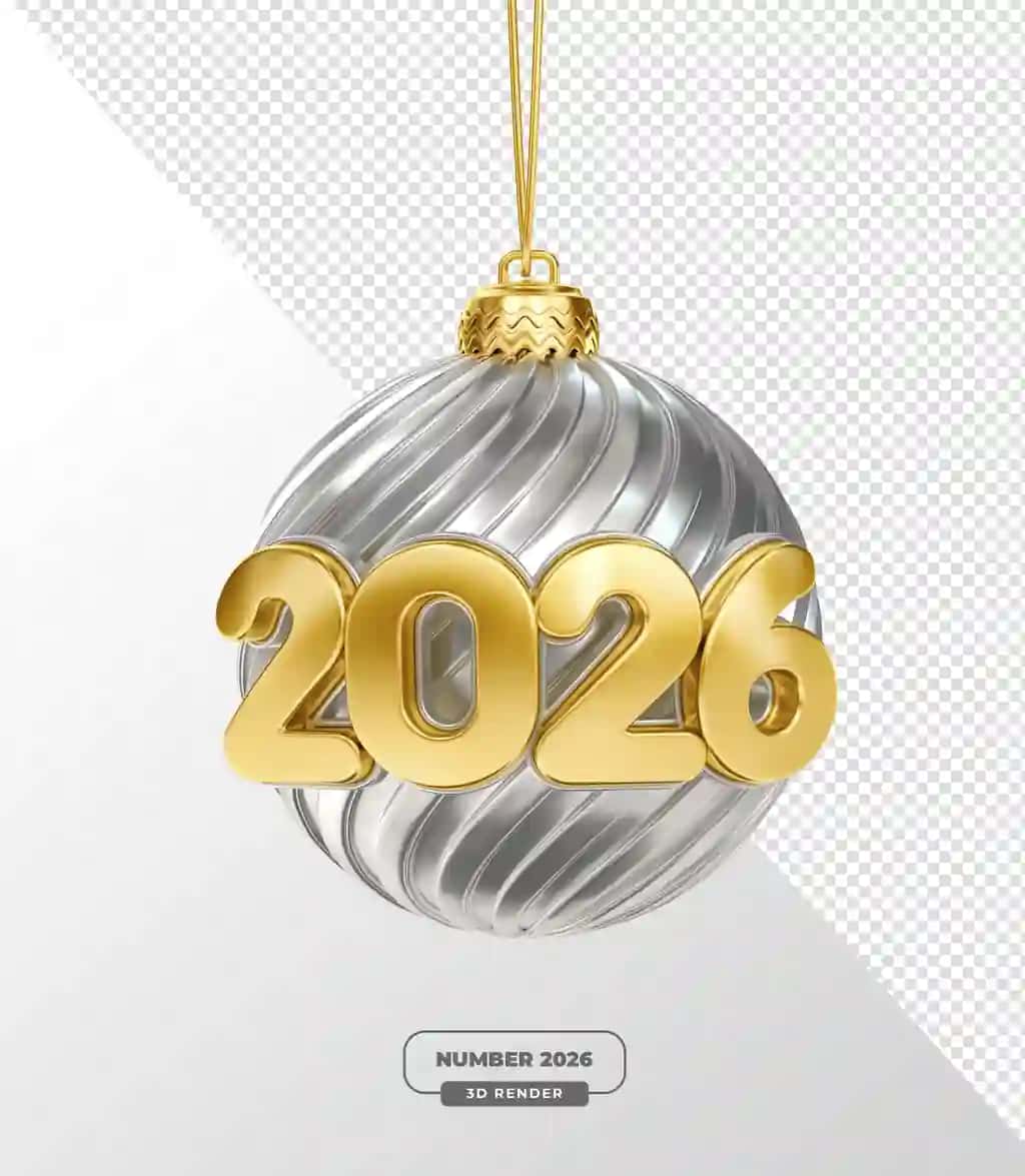 Oltin 2026 raqamlari shaffof bilan kumush rangli Rojdestvo 3D renderi | Golden 2026 numbers silver christmas bauble 3d render with transparent