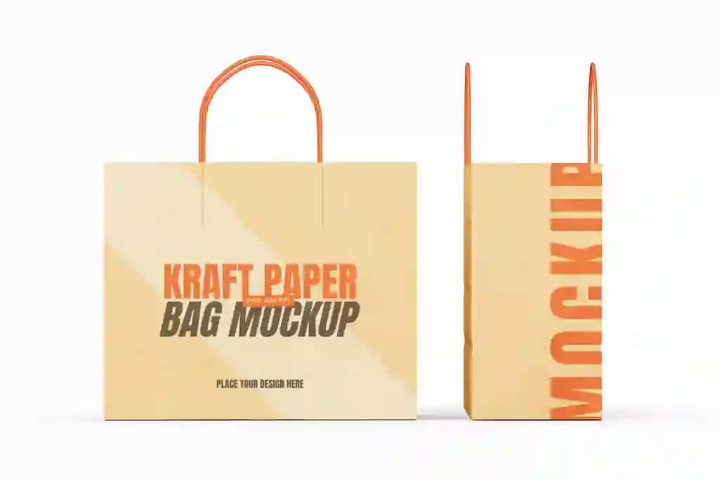 3D renderlangan realistik kraft qog'oz xarid qilish sumkasi maketi old tomoni bilan | 3d rendered realistic kraft paper shopping bag mockup with front