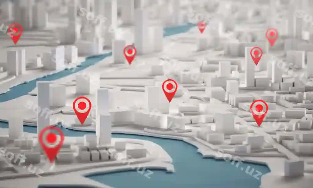 Havaskiy ko'rinish shahar binolari 3D render qizil nuqta xaritasi bilan | Aerial view city buildings 3d rendering with red point map