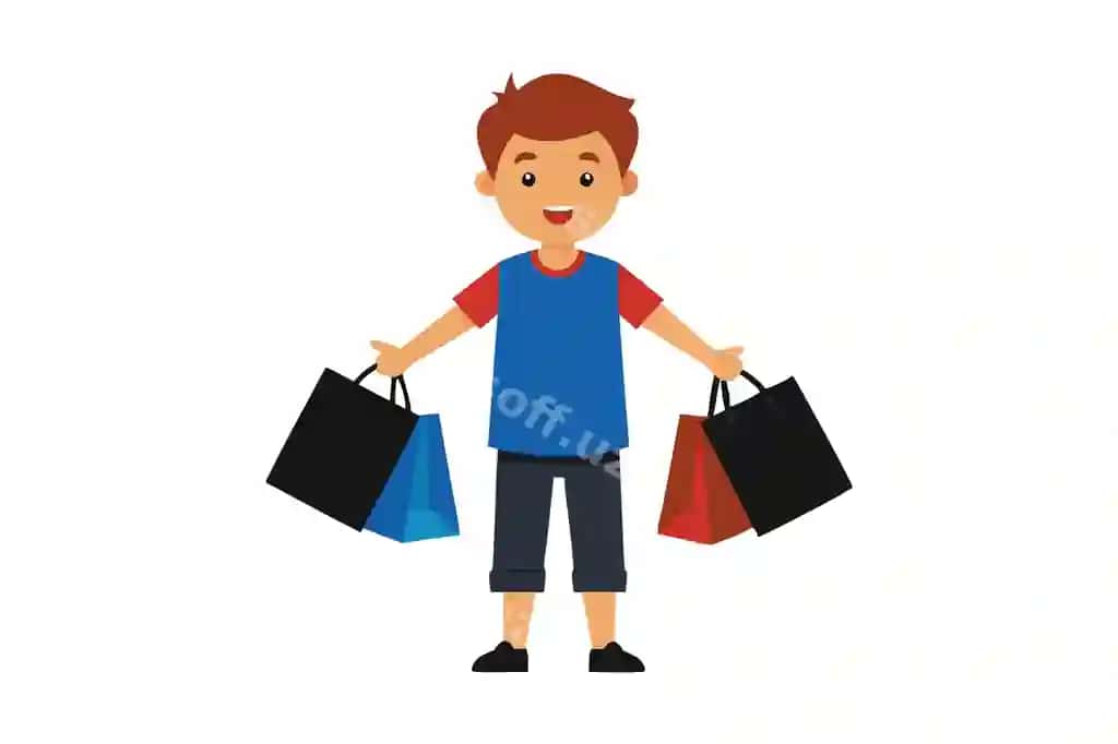 Animatsion o'g'ri suvatlar tutgan quvonchiq gulish bilan | Animated boy holding shopping bags with cheerful smile
