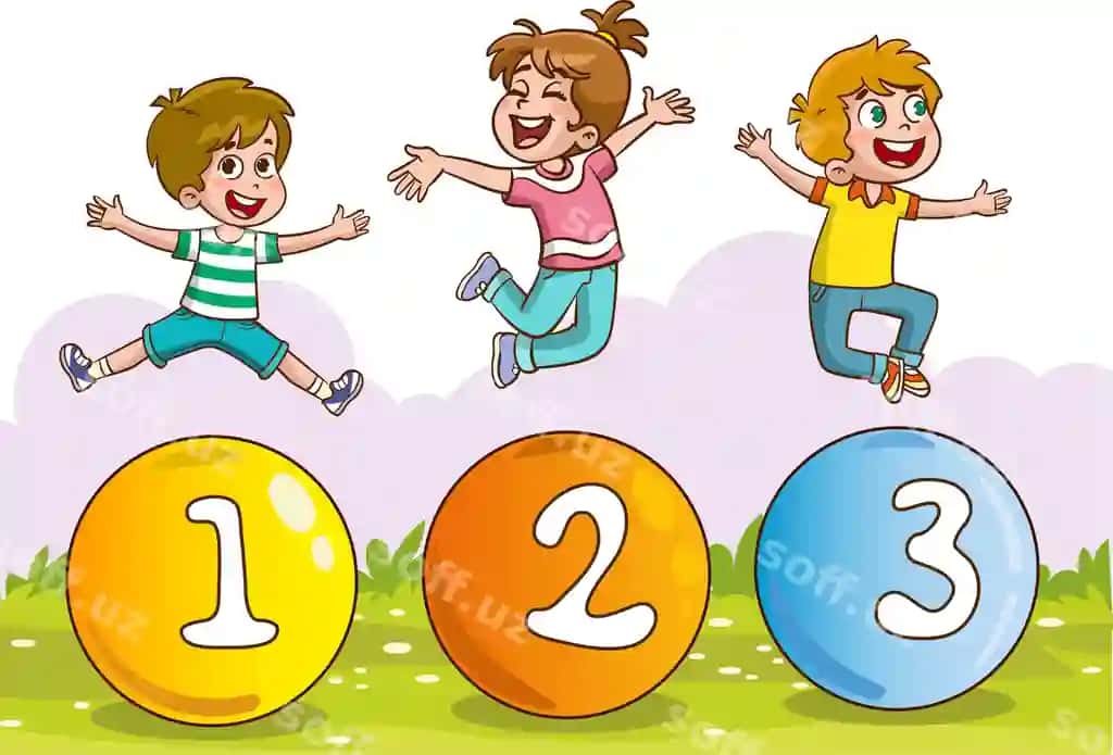 Baxtli bolalar sonlar bilan o'yin oynatgan vektor klip art illustratsiyasi | Happy children playing with numbers vector clip art illustration