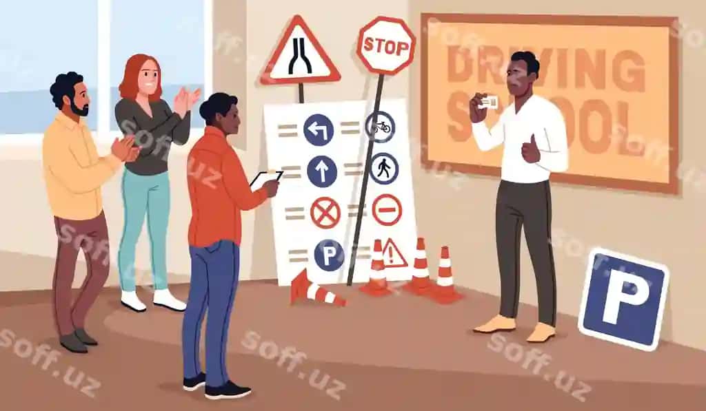 Baxtli talaba haydovchi guvohnomasini olishmoqda, karta qo'lida tutmoqda va tabriklarni qabul qilmoqda. | Driver license getting happy student holds card hand accepts congratulations