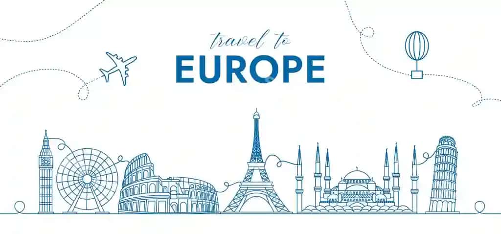 Sayohat orqa fonda Yevropa memorialari bilan reklama banneri kontseptsiyasi | Travel background concept with europe monuments advertising banner