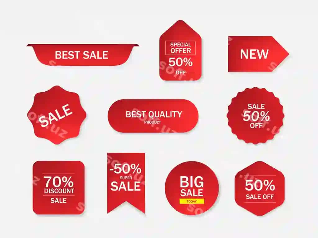 Stiker varaqa qizil etiketlar va belgilar sotuv aksiyasi bilan | Sticker paper red labels tags with sale promotion