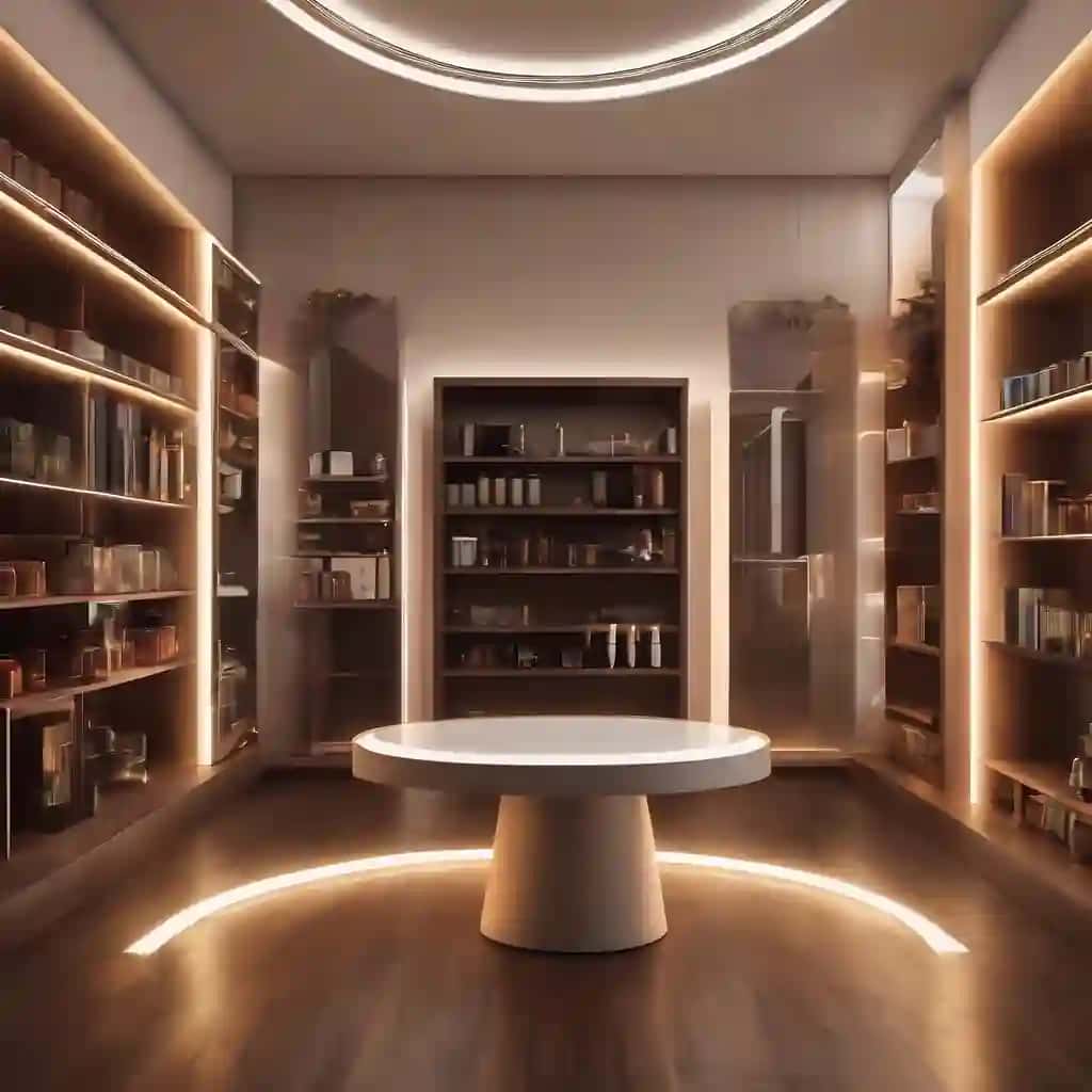 Texnologik uslubdagi polga ega dumaloq lazer nuri bilan bezatilgan xona mahsulotining rafi | Room product shelf decorated with circular laser light with technology style floor