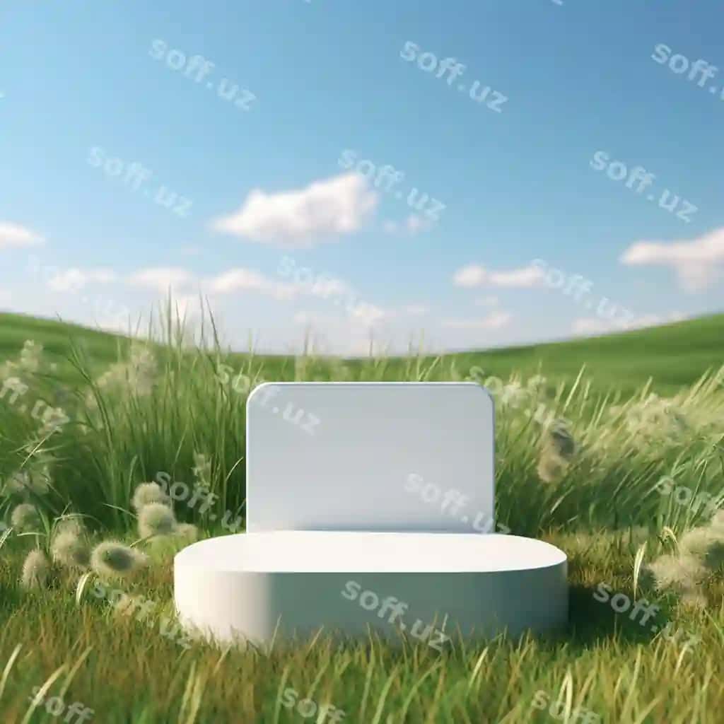 Yashil chaman maydoni oq podyum bilan yozdagi manzara sahna mockup | Green grass field with white podium summer landscape scene mockup