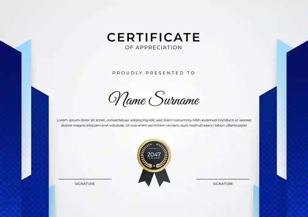 Sertifikat yutug‘i oltin nishonli ko‘k shablon dizayni | Certificate achievement blue template design with gold badge border