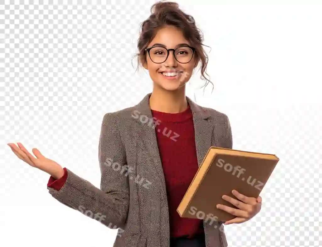 Ayol ko'z qoplari bilan kitobni har ikatta qo'l bilan tutadi. | Woman glasses holds book with both hands