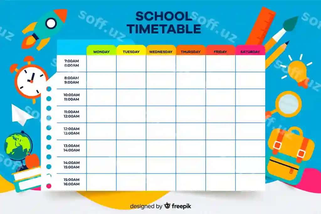 Rangli maktab jadvali shablonining tekis dizayni | Colorful school timetable template flat design