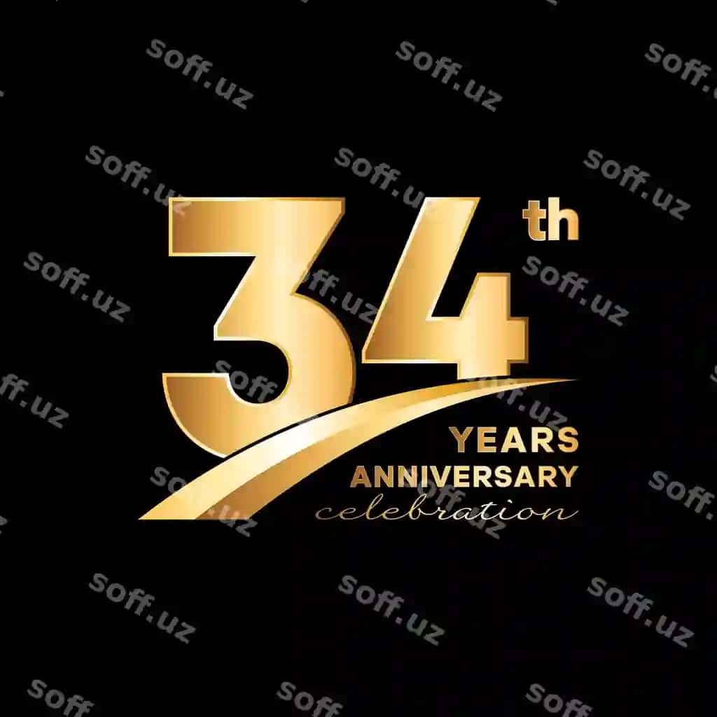Oltin raqam qora fon bilan 34 yillik yubiley logotipi | 34 year anniversary logo with golden number black background