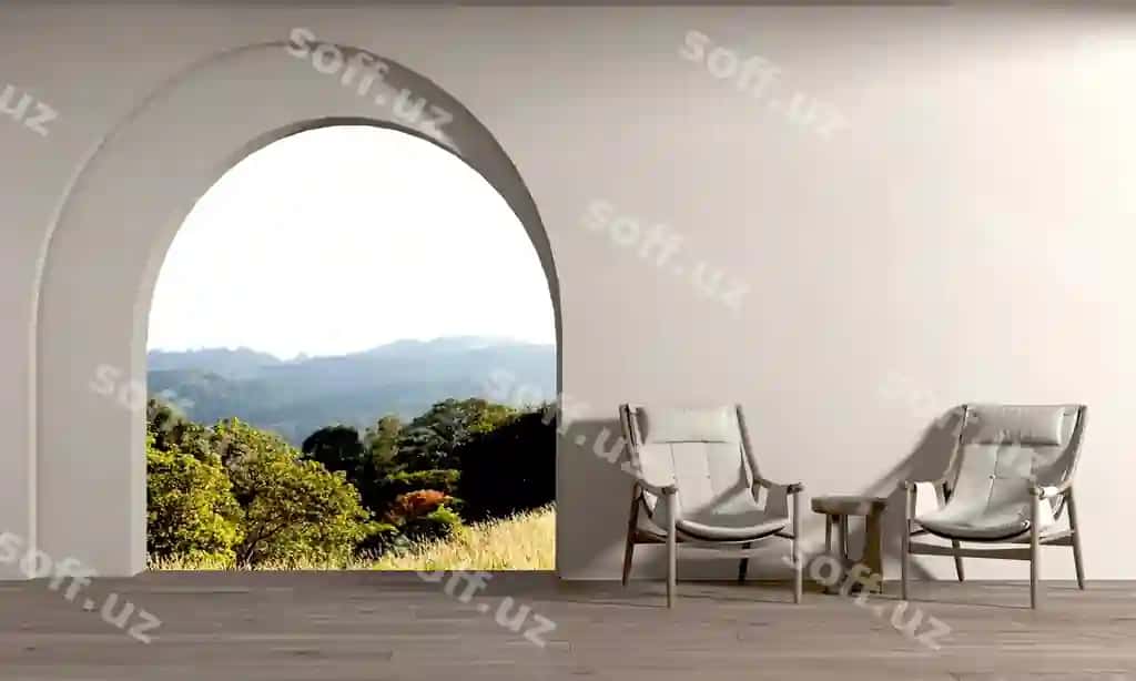 Yashil uyi ichki dizayn namuna dekor gira naqsh devor cho'g'irma foni | Living room interior design mock up decor arch pattern wall mountain background