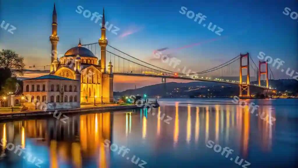 Tun sohibi: Istanbuldagi Ortakoy masjidi, Bosphorus ko'porati suqolda aks ettirgan | Night view ortakoy mosque istanbul with bosphorus bridge reflected water