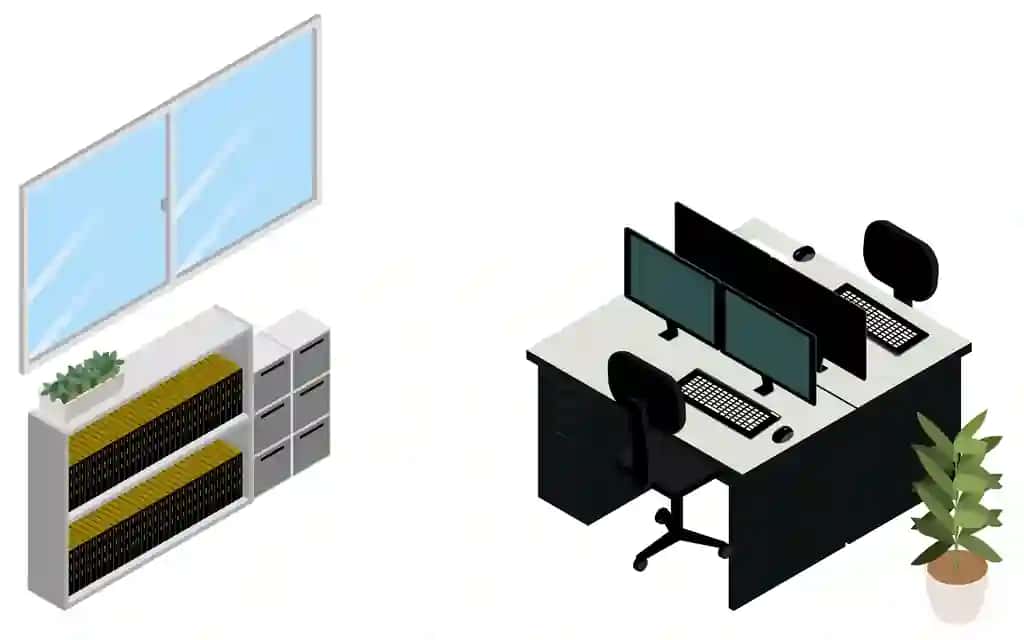 Izometrik o'chirilgan uchuvchisiz ofis kompyuter monitori | Unmanned office computer monitor with power off isometric