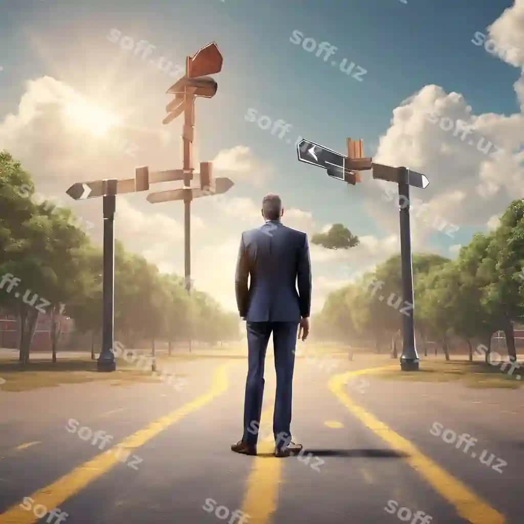 Bizznesmen kuchkulakda turgan, turli kasb yo'llari qarorlarini o'ylayotgan. | Businessman standing crossroads pondering various career paths decisions