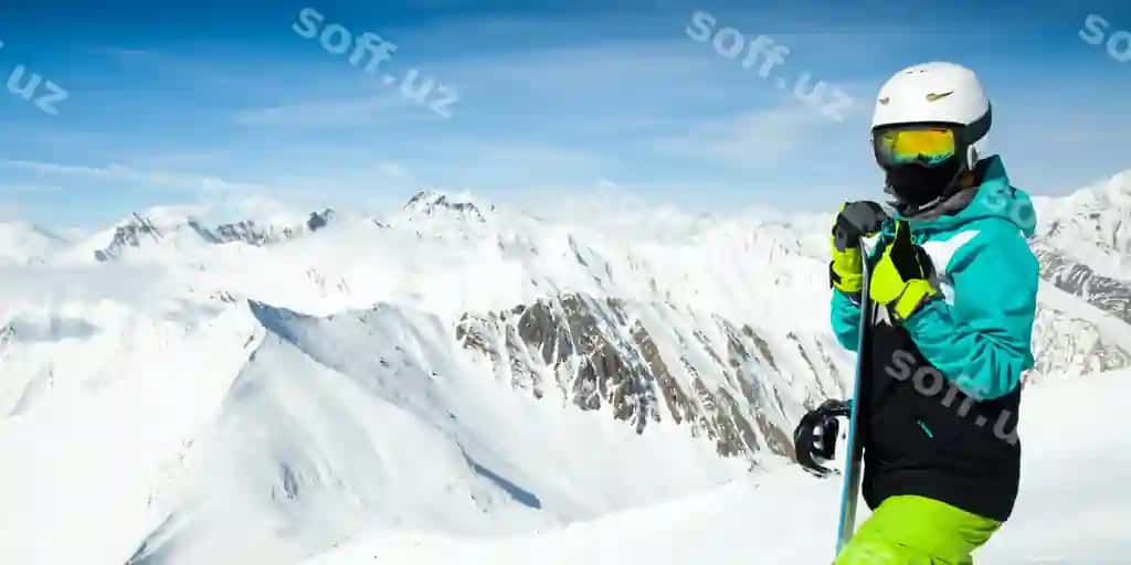 Portret snoubordchi manzilma qorqoq baland tog'lar | Portrait snowboarder landscape snowy high mountains