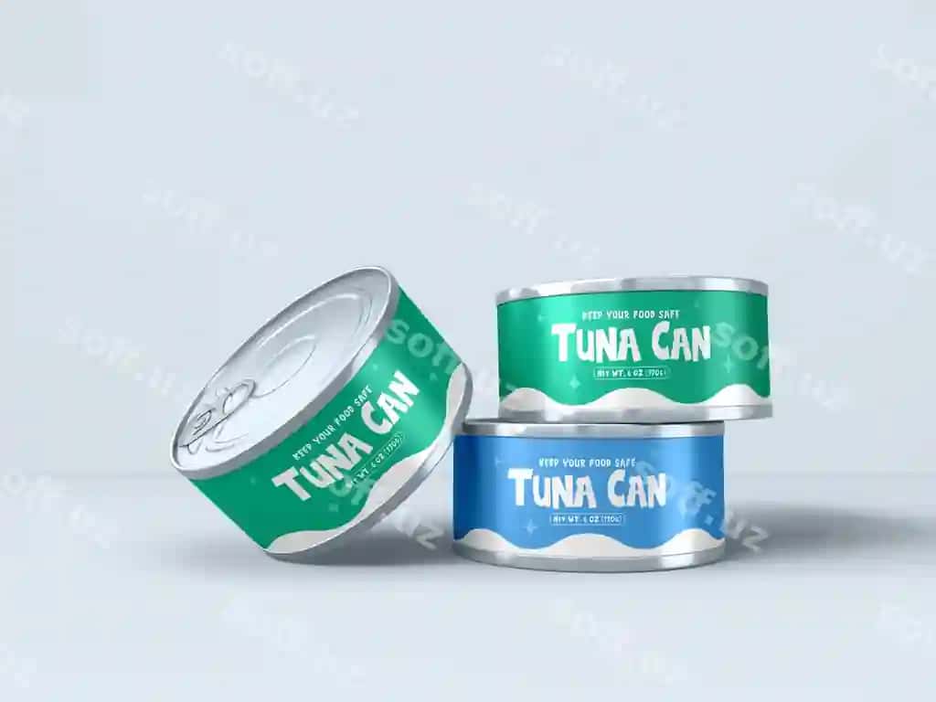 Metal tonna baliq banka qadoqlash mockup | Metal tuna fish can packaging mockup