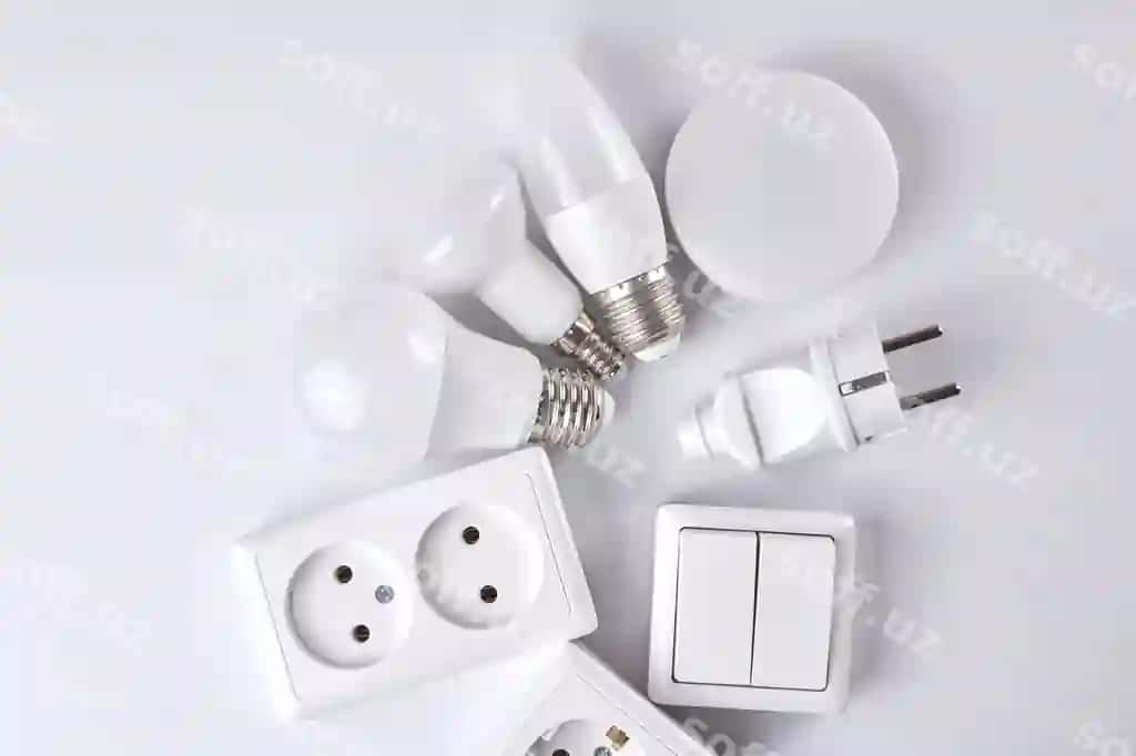 Dimmer tugmasi bilan boshqariladigan yorug'lik tejaydigan energiya kontseptsiyasi qurilmasi elektr energiyasini o'zgartirish uchun mo'ljallangan izolyatsiyalangan oq fon bilan jihozlangan elektr chiroq | Electric light set with dimmer switch controllable lighting saving energy concept device designed change electrical power isolated white background
