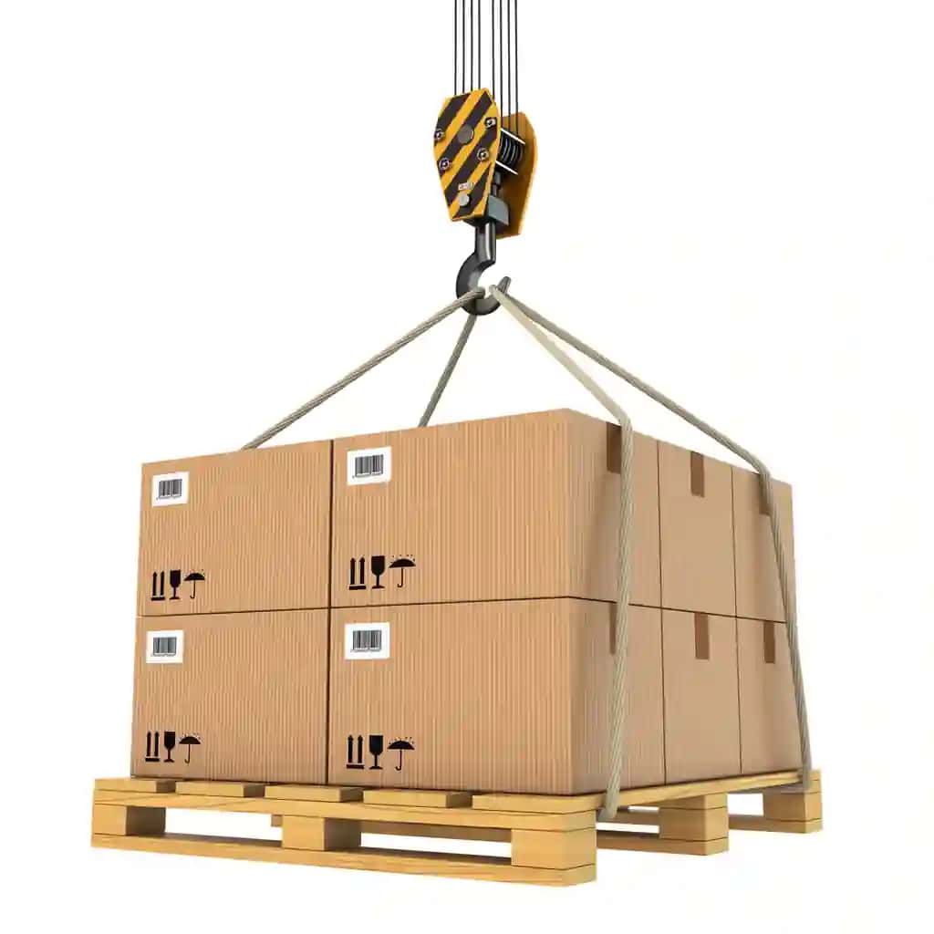 Kran bilan ko'tarilgan karton qutilar bilan sxemasidan | Pallet with cardboard boxes lifted by crane