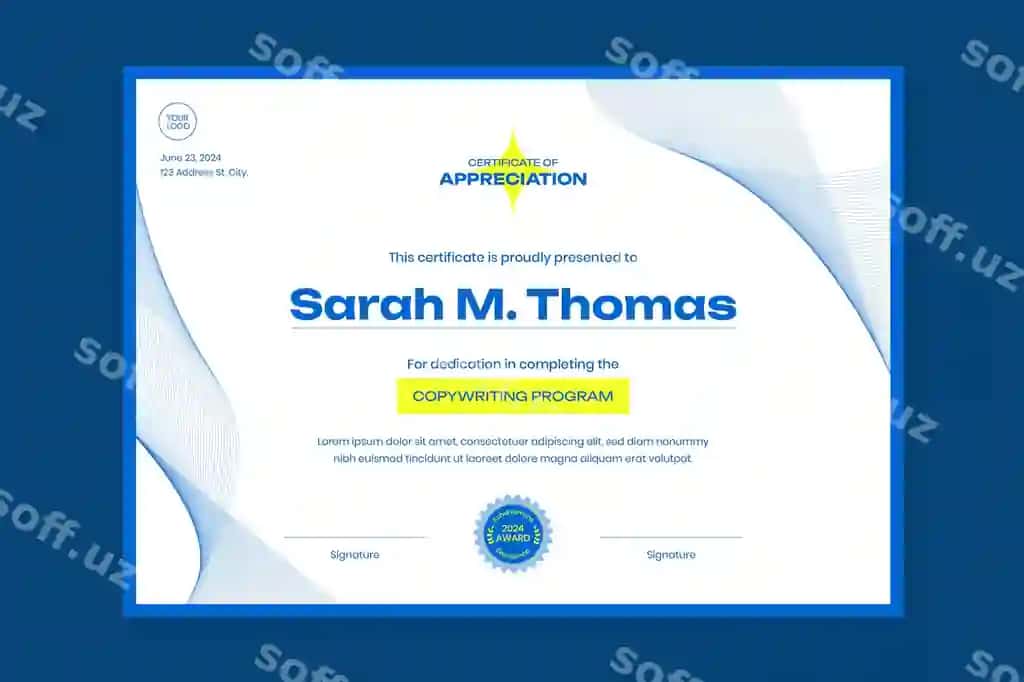 Oddiy guvohnoma baholash shabloni | Flat certificate appreciation template