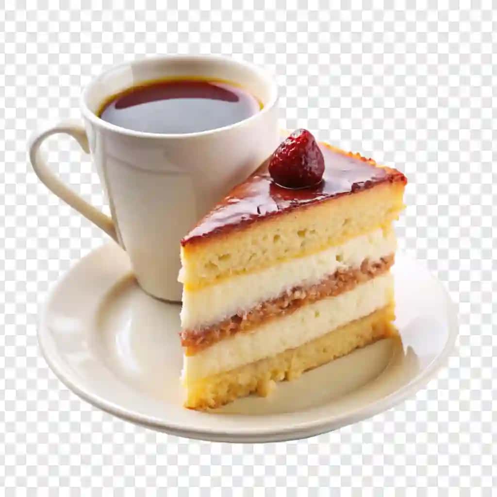 Izolyatsiya qilingan shaffof fonda kofe bilan shimgichli tort | Piece sponge cake with cup coffee isolated transparent background