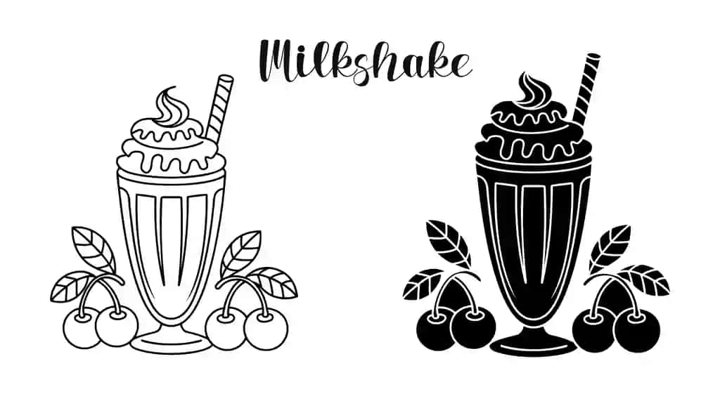 Qora oq sut kokteyli gilos bilan chizilgan rasm | Black white milkshake line art illustration with cherries