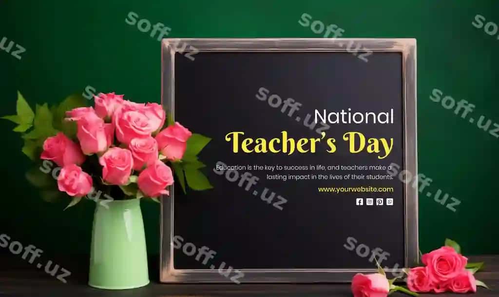 Pushti atirgullar bilan bezatilgan Milliy o'qituvchilar kuni kontseptsiyasi bo'yicha qora doska | National teachers day concept blackboard with pink roses decoration