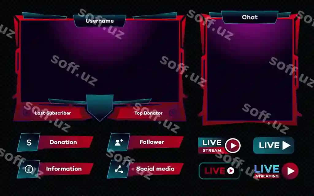 Vektor striym ekran panel qatlami o'yin shabloni neon mavzusi jonli | Vector streaming screen panel overlay game template neon theme live