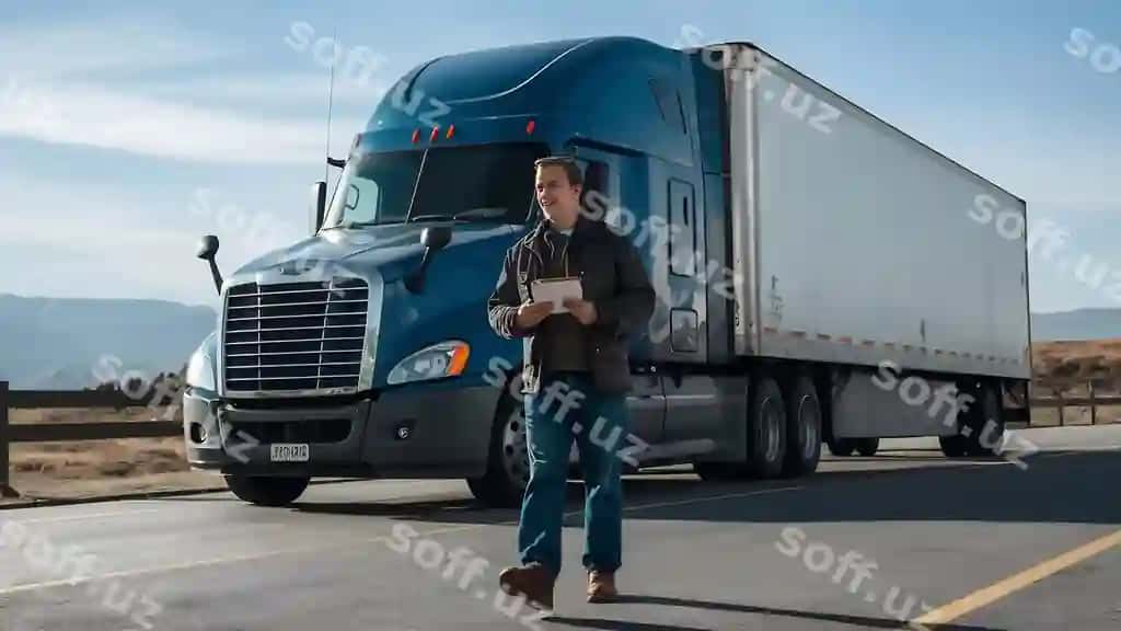 Buferni ushlab yurgan yuk mashinasi haydovchisi yarim yuk mashinasi atrofida xavfsizlikni tekshirmoqda | Truck driver walking holding clipboard is checking safety around semi truck