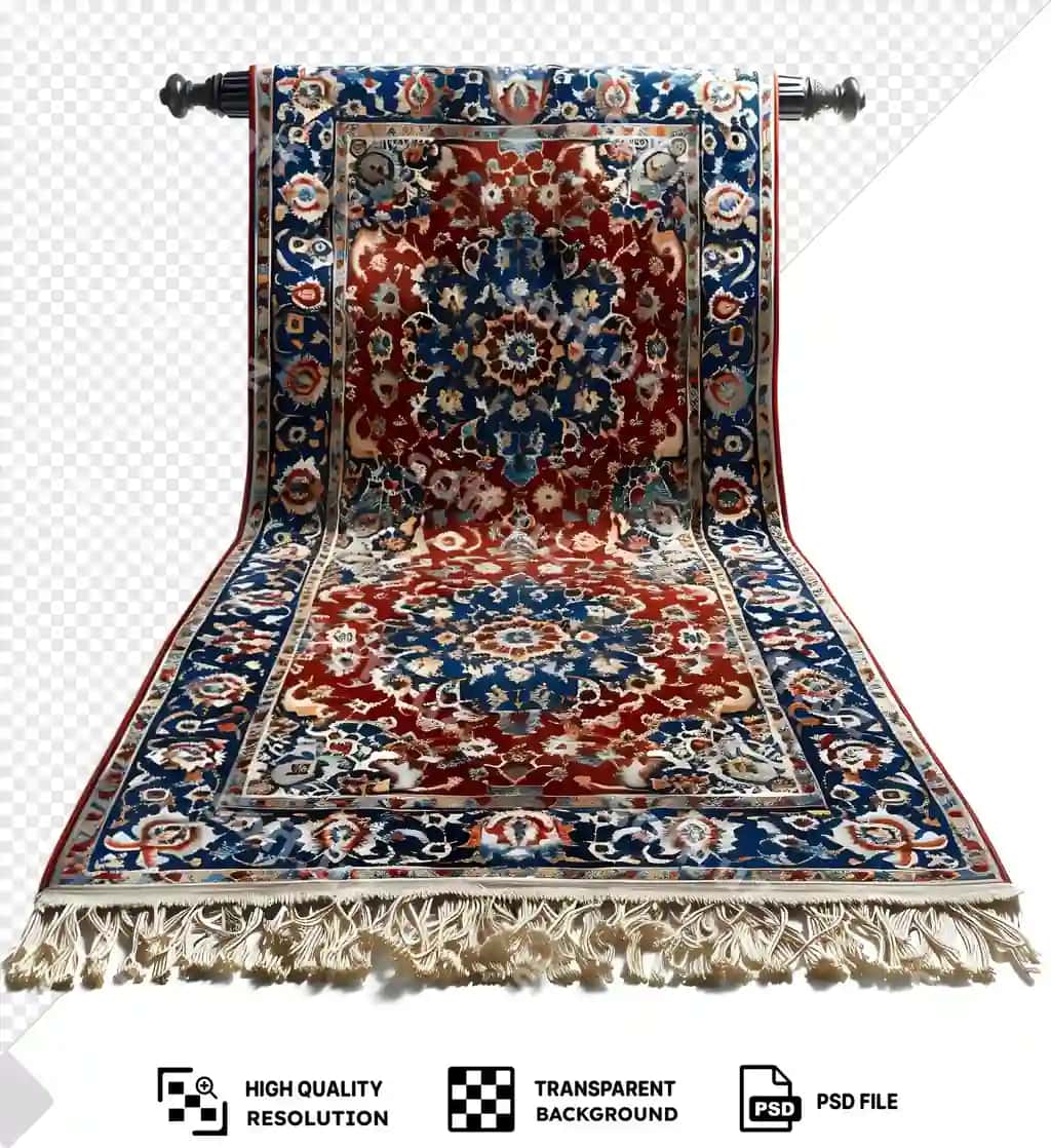 Ipak gilam shaffof izolyatsiyalangan fonda qizil oq chiziqli ko'k oq gilamchalar bilan qoplangan | Silk rug transparent isolated background flanked by red white stripe blue white rugs