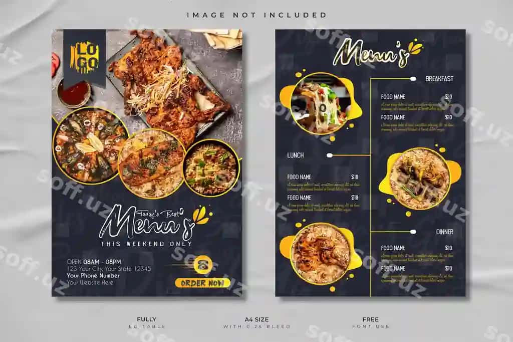 Ijodiy restoran taomlari menyusi ikki tomonlama A4 shabloni | Creative restaurant food menu double sided a4 template